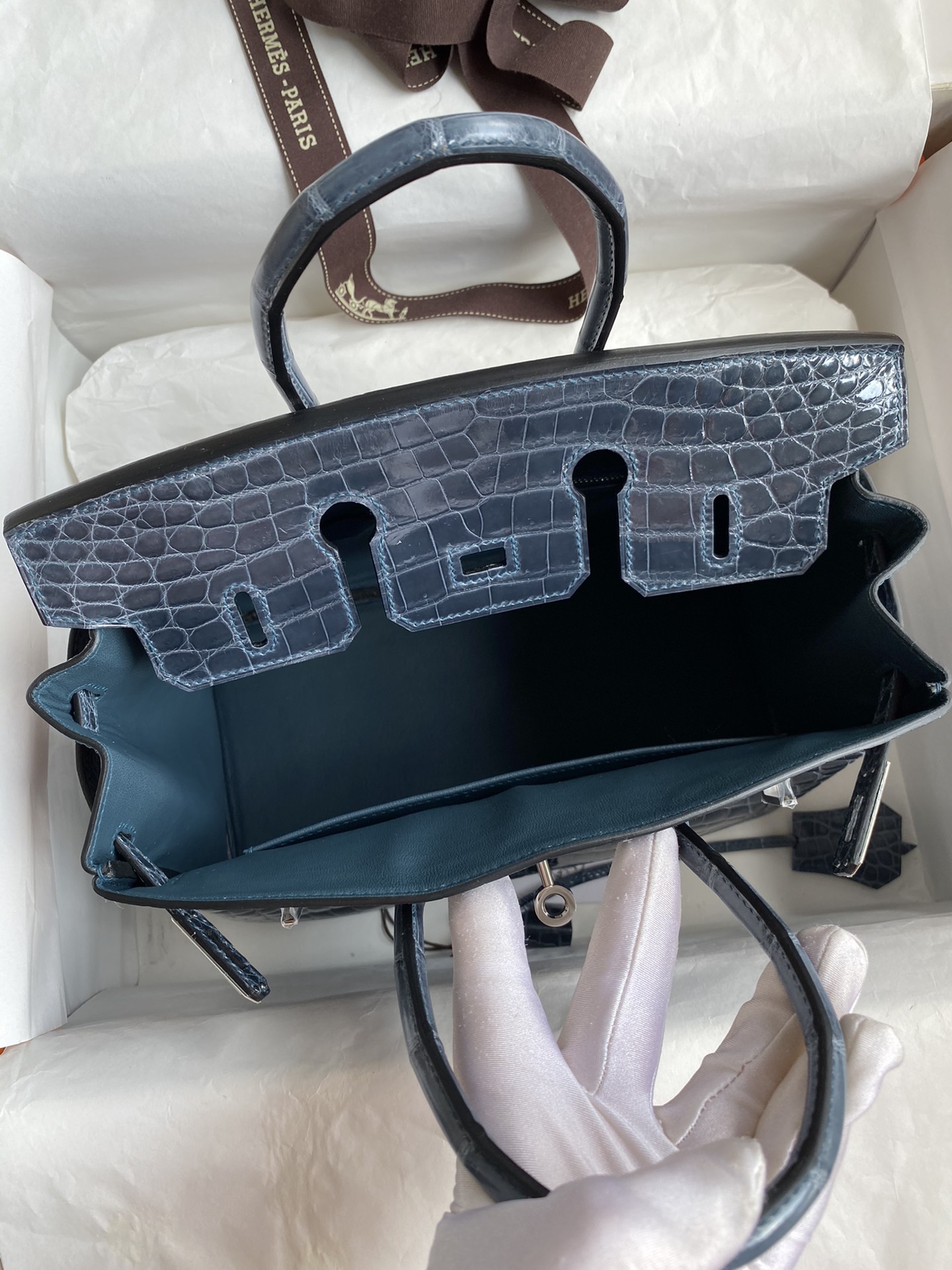 Hermes Birkin 25CM Handmade Bag In Blue Orage Crocodile Niloticus Shiny Skin